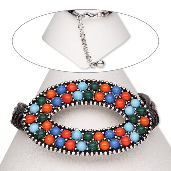 Bracelet, 4-strand, leather (dyed) / resin / antiqued silver-finished steel / "pewter" (zinc-based alloy), multicolored, 53x34mm open oval, 7 inches with 2-inch extender chain and lobster claw clasp. Sold individually. image number 0