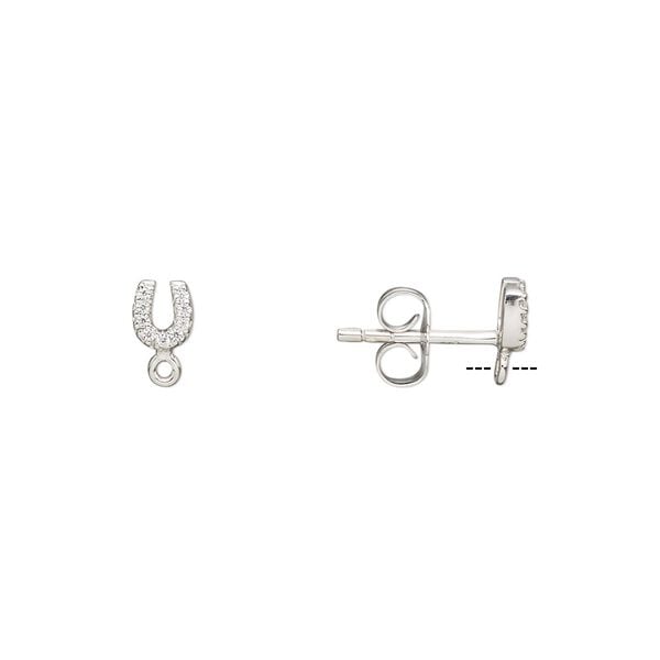 Earstud 1pkg2 rhodium-plated sterling silver / cubic zirconia, 5x4mm horse shoe / closed loop / earnuts, clear 1 pair image number 0