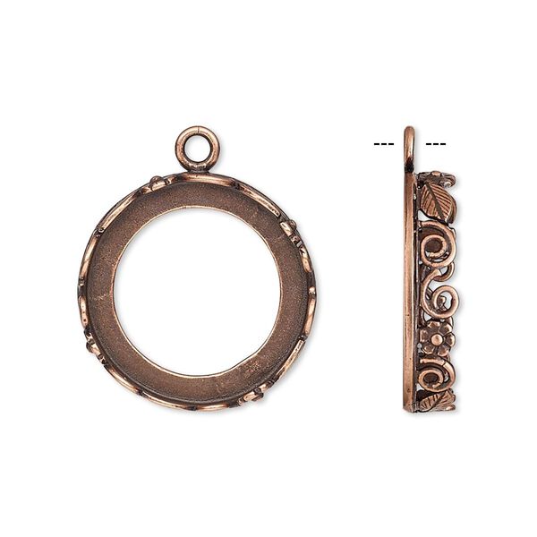 Drop, JBB Findings, antique copper-plated brass, 20mm round with open back and flower and leaf design trim, 18mm round bezel setting. Sold per pkg of 2. image number 0