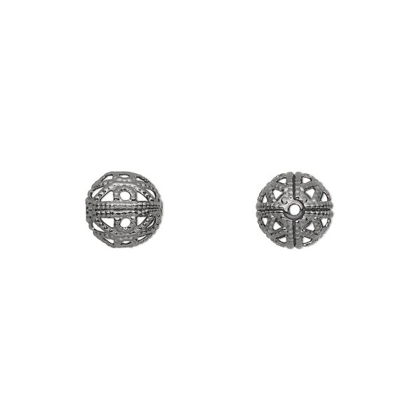 Bead, gunmetal-plated brass, 8mm filigree round. Sold per pkg of 10. image number 0