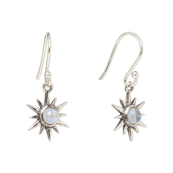 Ear wire, Create Compliments®, antiqued sterling silver and rainbow moonstone (natural), fishhook, 27mm with 12mm single-sided star, 21 gauge. Sold per pair. image number 0