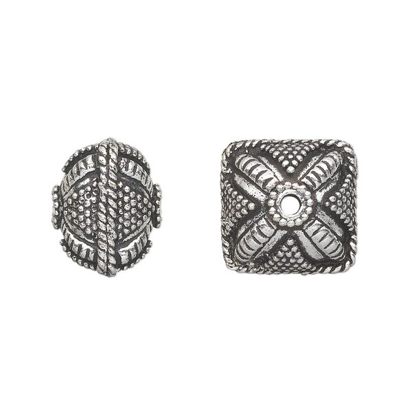 Bead, antique silver-plated white brass, 14x12mm fancy puffed square with dot and braid accents. Sold per pkg of 2. image number 0
