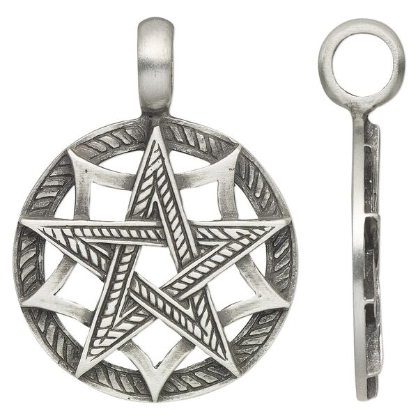 Pendant, antiqued pewter (tin-based alloy), 45x33mm single-sided round with pentagram design and 6.5mm hole. Sold individually. image number 0