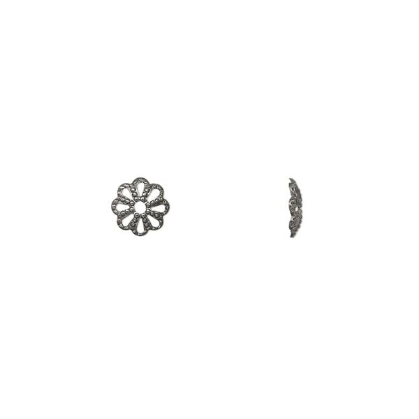 Bead cap, gunmetal-plated brass, stamped, 6x1mm fancy round with cutout pattern, fits 6-8mm bead. Sold per pkg of 100. image number 0