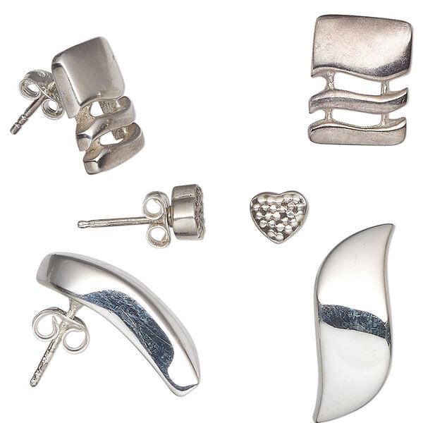 Earstud mix, Create Compliments®, sterling silver, 5mm-33x11mm earstud. Sold per pkg of 3 pairs. image number 0