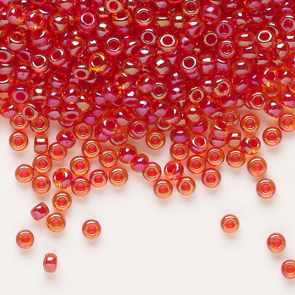 Seed bead, Miyuki, glass, pkg/50g, #8 rocaille, translucent scarlet-lined luster crystal clear (RR-3528). image number 0