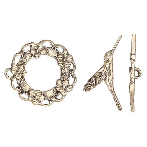 Clasp, toggle, antique gold-finished "pewter" (zinc-based alloy), 25mm wreath with flowers and hummingbird bar. Sold individually. image number 0
