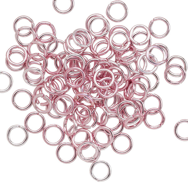 Jump ring, anodized aluminum, pink, 5mm round, 3.4mm inside diameter, 20 gauge. Sold per pkg of 100. image number 0