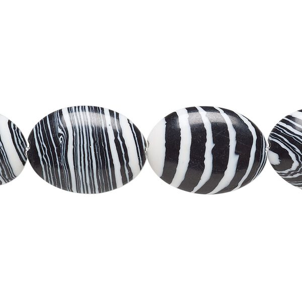Bead, resin, black and white, 18x13mm flat oval. Sold per 15" to 16" strand. image number 0
