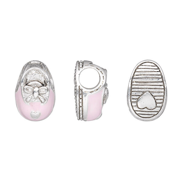 Bead, Dione®, enamel and antique silver-plated pewter (tin-based alloy), baby pink, 15x10mm baby shoe with bow and heart on sole. Sold individually. image number 0