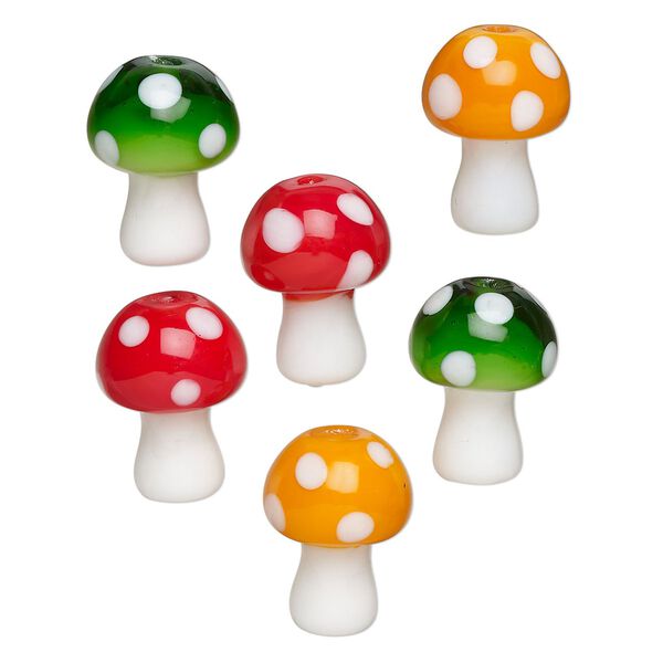 Bead assortment, lampworked glass, opaque white and red / orange / green, 16.5x12mm mushroom. Sold per pkg of 6. image number 0