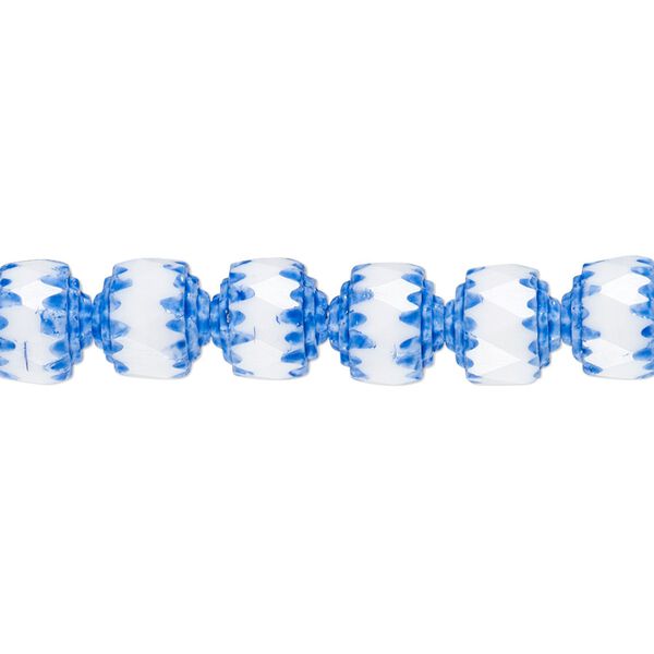 Bead, Czech dipped décor glass, white and medium blue Apollo, 8mm round cathedral. Sold per 15-1/2" to 16" strand. image number 0