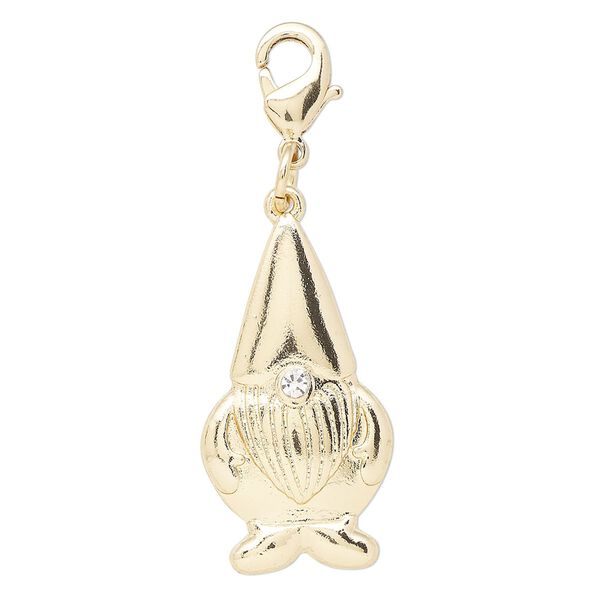 Charm, gold-finished "pewter" (zinc-based alloy) and glass rhinestone, clear, 29x16mm gnome with lobster claw clasp. Sold individually. image number 0