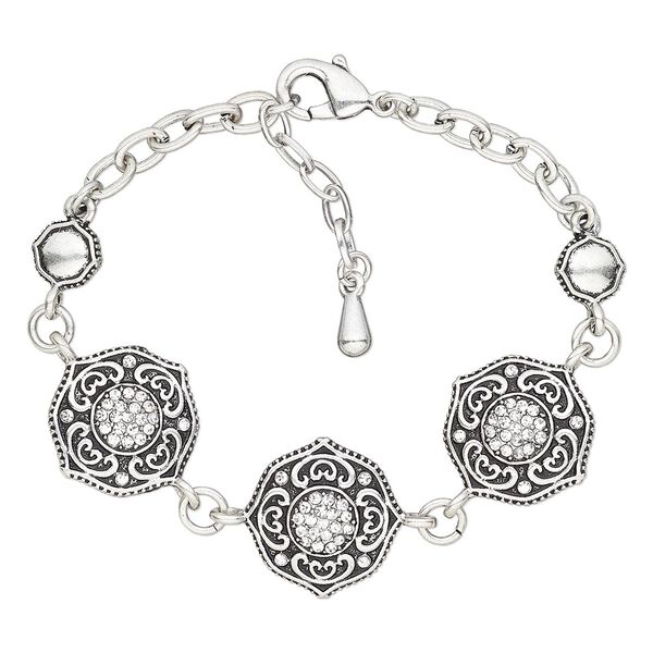 Bracelet, glass rhinestone / antique silver-plated brass / steel / "pewter" (zinc-based alloy), clear, 20mm wide with round, 6 inches with 2-inch extender chain and lobster claw clasp. Sold individually. image number 0