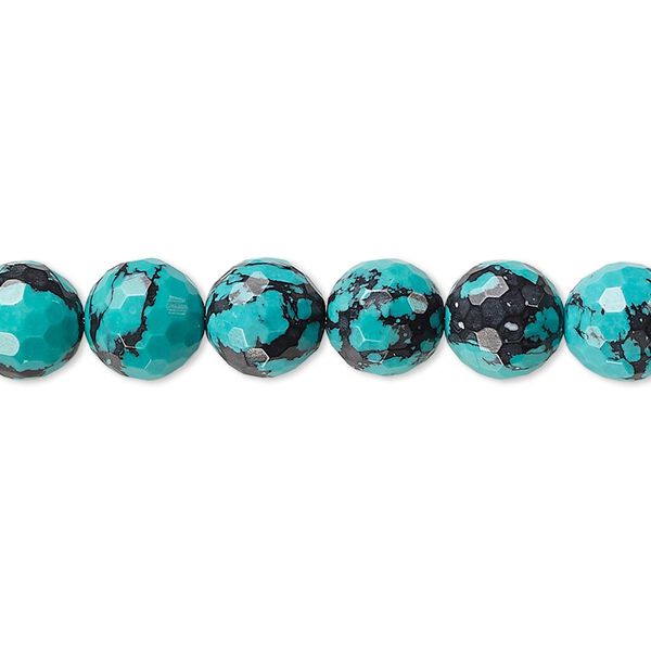 Bead, "turquoise" (resin) (imitation), blue and black, 8mm faceted round with matrix. Sold per 8-inch strand, approximately 25 beads. image number 0