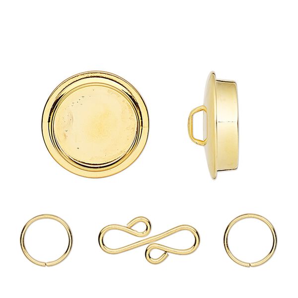 Clasp, gold-plated "pewter" (zinc-based alloy), 25mm round with 19mm non-calibrated round bezel setting and 17x9mm S-hook with (2) 8mm jump rings. Sold individually. image number 0