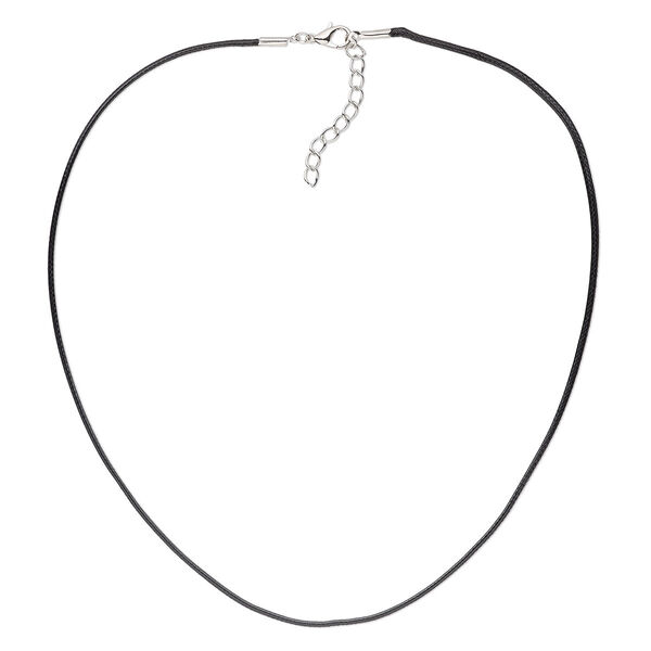 Necklace cord, waxed cotton cord with imitation rhodium-finished steel and "pewter" (zinc-based alloy), black, 1.5mm round, 24 inches with 1-1/2 inch extender chain and lobster claw clasp. Sold per pkg of 4. image number 0