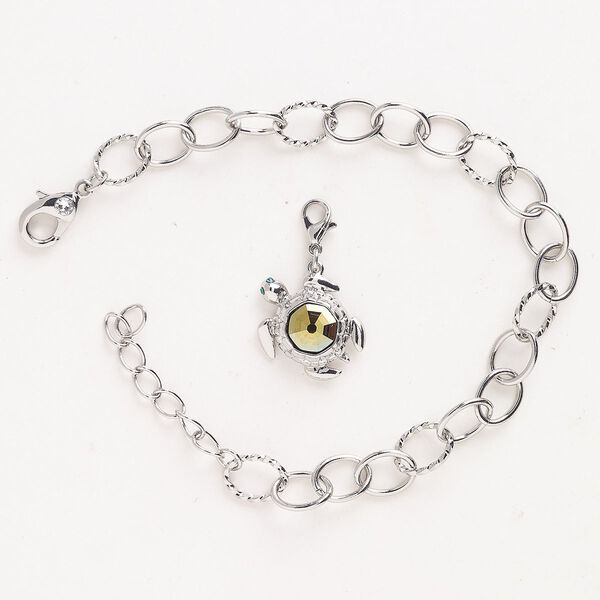 Bracelet charm assortment "pewter" zinc-based alloy steel 2pk, silver finish emerald jet AB 7 inches image number 0