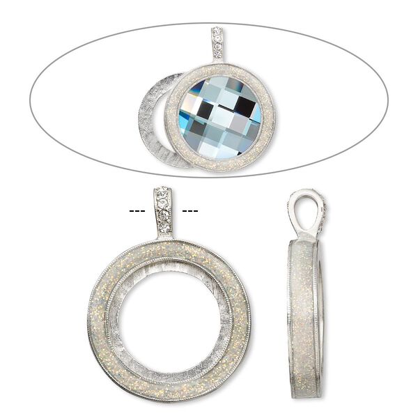 Pendant, Almost Instant Jewelry®, epoxy / crystal / imitation rhodium-plated "pewter" (zinc-based alloy), crystal clear with glitter, 45x35mm single-sided with 30mm round setting. Sold individually. image number 0
