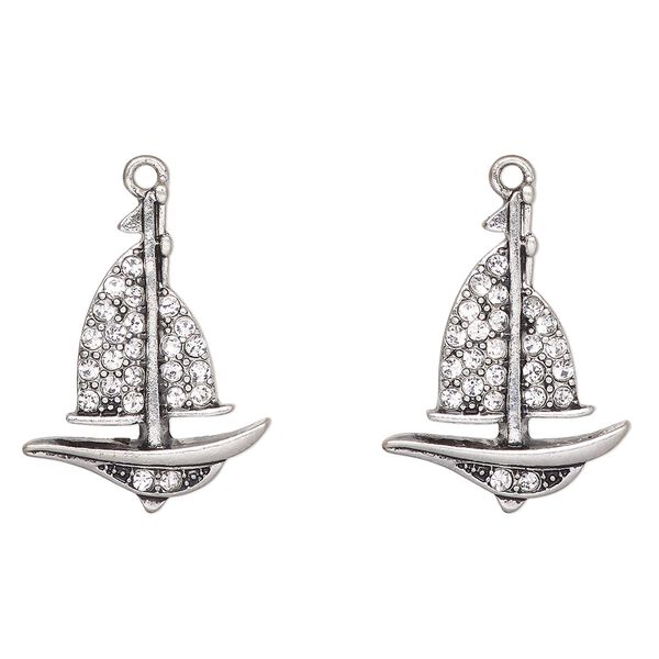 Focal, antique silver-finished "pewter" (zinc-based alloy) and glass, clear, 30x22mm sailboat. Sold per pkg of 2. image number 0