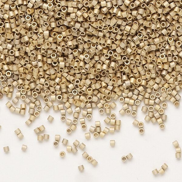 Seed bead, Delica®, glass, pkg/250g, #15 round, opaque 24Kt gold-plated matte light (DBS-0334). image number 0