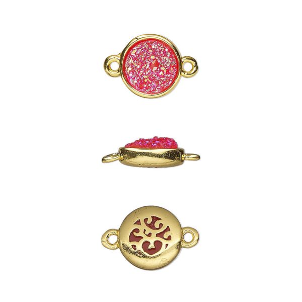 Link, Druzylite™, "druzy" (resin) and gold-finished brass, hot pink, 9.5mm two-sided round with open filigree back. Sold per pkg of 4. image number 0