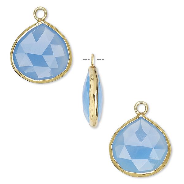 Drop, blue chalcedony (dyed) and gold-finished sterling silver, 15x15mm double-sided faceted teardrop. Sold per pkg of 2. image number 0