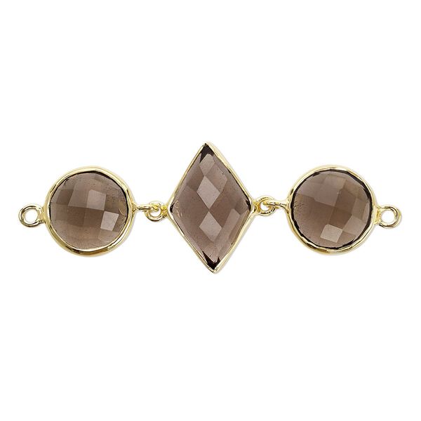 Link, smoky quartz (heated / irradiated) and gold-finished sterling silver, 40x16mm single-sided with 11mm faceted round and 16x11mm faceted diamond. Sold individually. image number 0