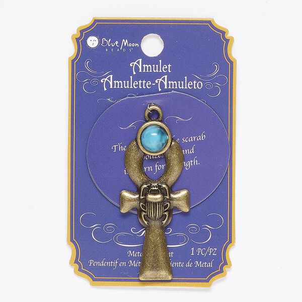 Focal, acrylic and antique brass-finished "pewter" (zinc-based alloy), blue, 57x25mm ankh with scarab. Sold individually. image number 0