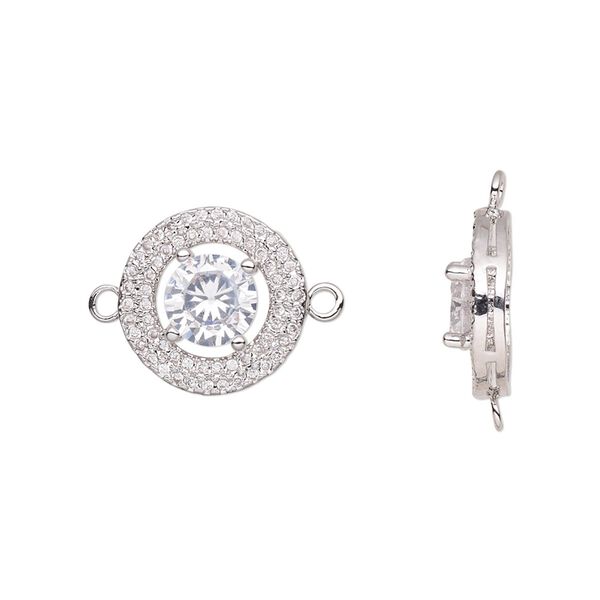 Link, cubic zirconia and silver-plated brass, clear, 14mm single-sided round. Sold individually. image number 0
