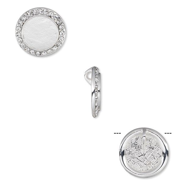 Pendant, crystals and silver-plated "pewter" (zinc-based alloy), crystal clear, 18mm round with 12mm round setting and hidden bail. Sold individually. image number 0