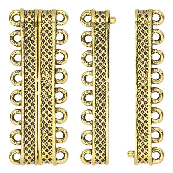 Clasp, 8-strand magnetic, antique gold-finished "pewter" (zinc-based alloy), 40x9mm rectangle with textured design. Sold individually. image number 0