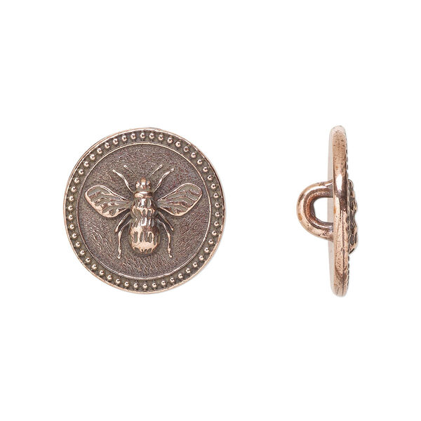 Button, TierraCast®, antique copper-plated pewter (tin-based alloy), 15mm beaded flat round with bee and closed loop. Sold per pkg of 2. image number 0