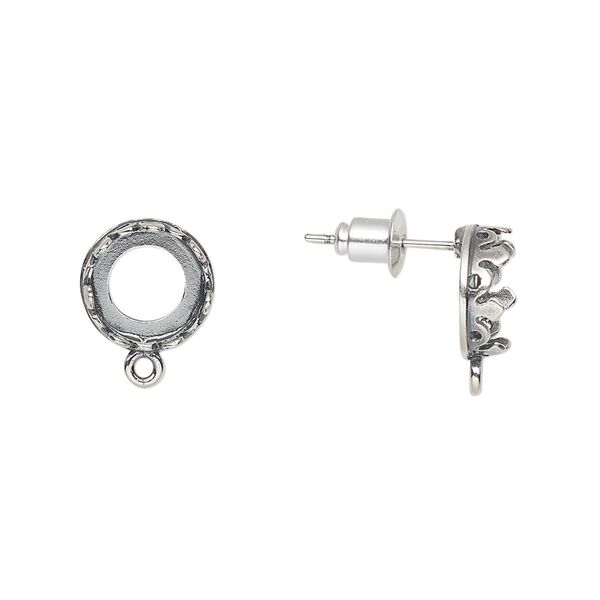 Earstud 1pkg2 JBB findings antique silver-plated, 10mm round / SS39 rivoli open back bezel setting / closed loop / earnuts, brass / rubber 1 pair image number 0