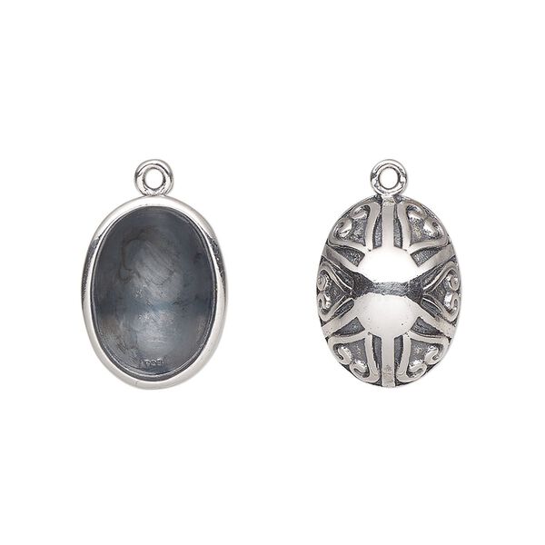 Drop, Almost Instant Jewelry®, antiqued sterling silver, 16x11.5mm oval with 14x10mm oval setting and filigree sunburst design. Sold individually. image number 0