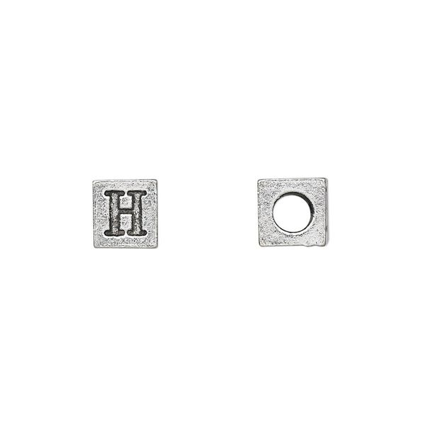Bead, antiqued pewter (tin-based alloy), 7mm cube with Greek letter, ETA. Sold per pkg of 4. image number 0