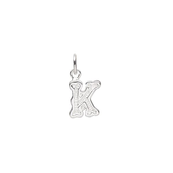 Charm, sterling silver, 9x7mm fancy block alphabet letter "K." Sold individually. image number 0