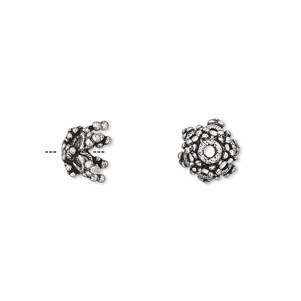 Bead cap, antique silver-plated brass, 9x7mm beaded flower, fits 8-10mm bead. Sold per pkg of 8. image number 0