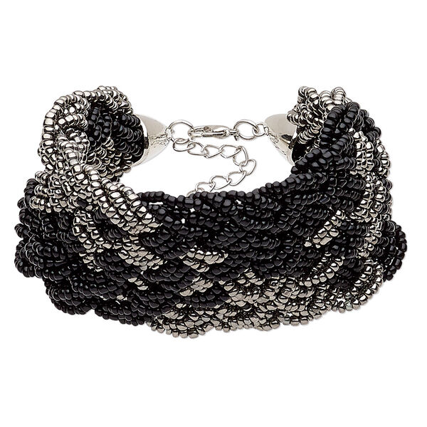 Bracelet, glass / silver-coated plastic / silver-plated steel / "pewter" (zinc-based alloy), black and grey, 50mm wide with woven design, 7 inches with 2-inch extender chain and lobster claw clasp. Sold individually. image number 0