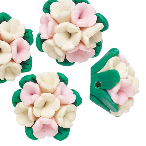 Bead, polymer clay, pink / ivory / green, 21x20x12mm flower. Sold per pkg of 4. image number 0