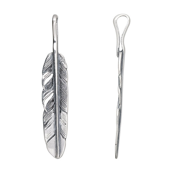 Pendant, antiqued sterling silver, 54x10mm feather. Sold individually. image number 0
