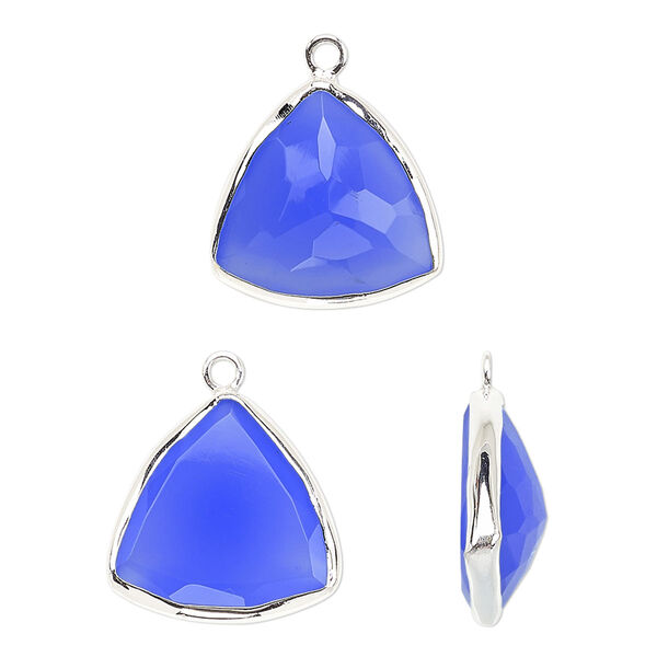 Drop, blue chalcedony (dyed) and sterling silver, 16x16x16mm two-sided faceted triangle. Sold per pkg of 2. image number 0