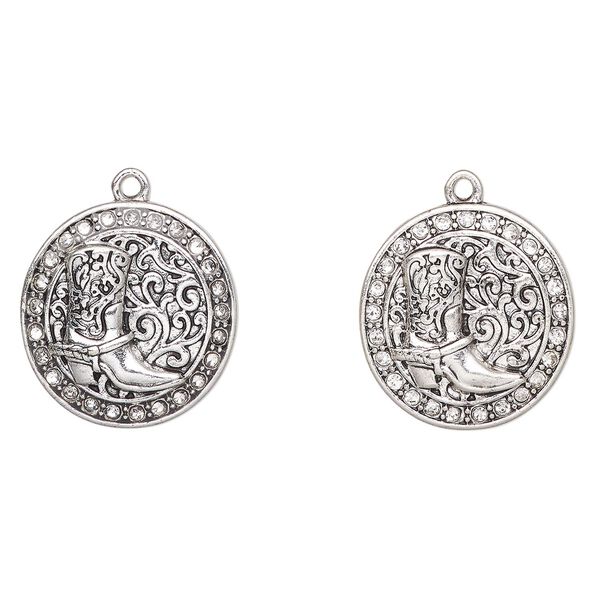 Charm, antique silver finish "pewter" (zinc-based alloy) and glass, clear, 23mm round with cowboy boot. Sold per pkg of 2. image number 0