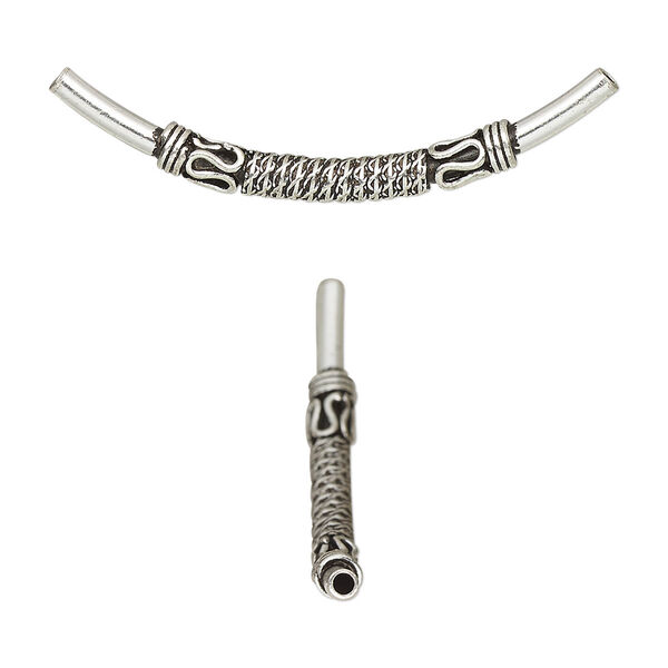 Bead, antiqued sterling silver, 37x3mm curved tube with rope design. Sold individually. image number 0