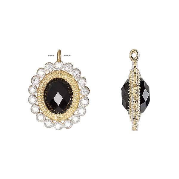 Drop, black onyx (dyed) / cubic zirconia / gold-finished sterling silver, clear, 17x15mm single-sided faceted oval. Sold individually. image number 0