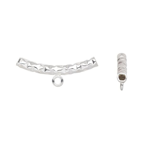 Bead, sterling silver, 25x3mm textured curved tube with closed loop. Sold individually. image number 0