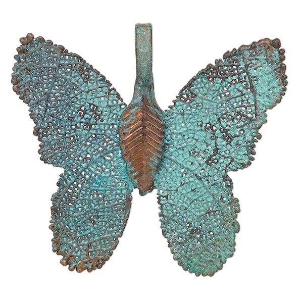 Pendant, copper-plated brass and Indian rubber plant, green patina, 31x28mm-32x28mm double-sided butterfly. Sold individually. image number 0