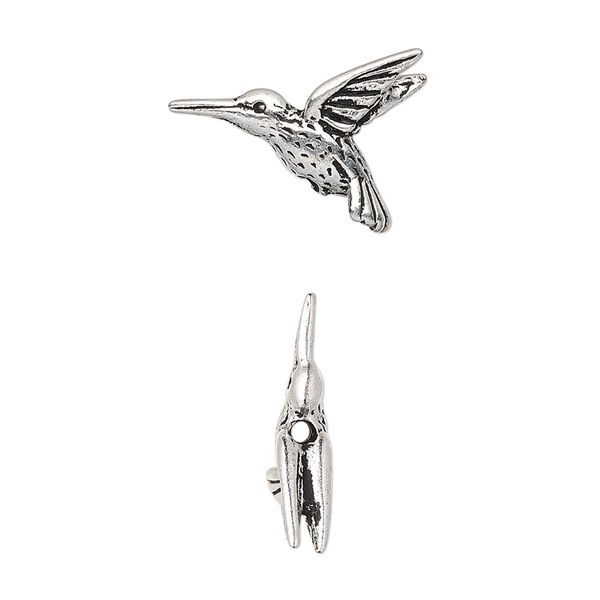 Bead, TierraCast®, antique silver-plated pewter (tin-based alloy), 19x14mm 3D hummingbird. Sold per pkg of 20. image number 0