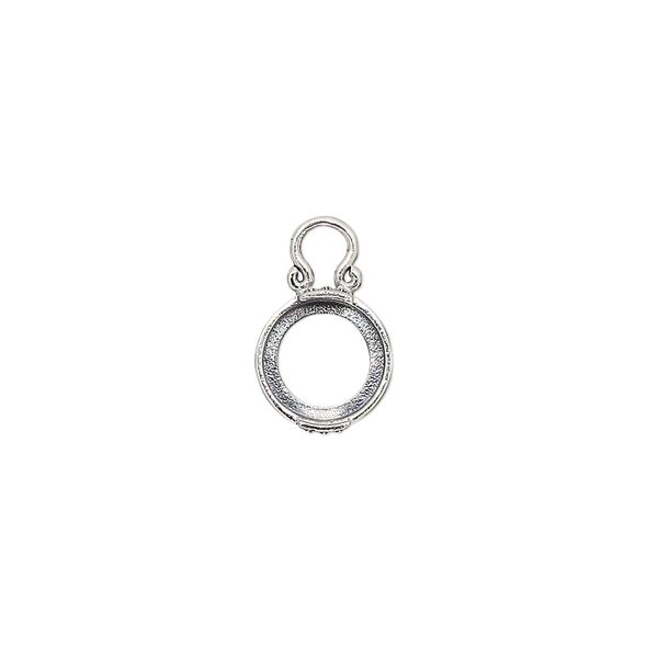 Drop, antiqued sterling silver, 9mm round with dot design and open back with 8mm 2-prong round cabochon setting. Sold individually. image number 0