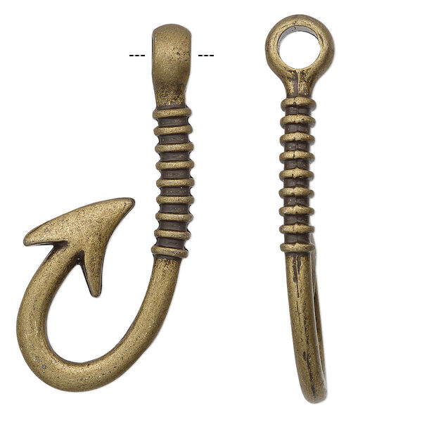 Focal, antique brass-finished "pewter" (zinc-based alloy), 39x17mm 3D fish hook. Sold per pkg of 2. image number 0